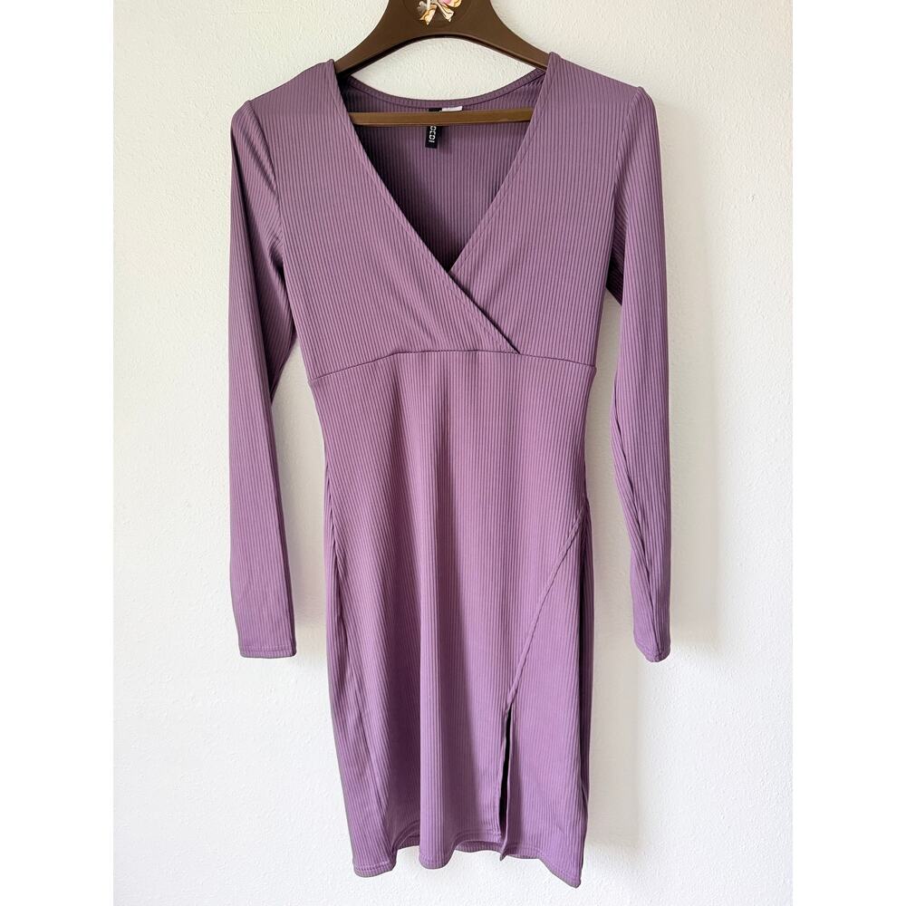 H&M Women’s Purple Wrap Ribbed Bodycon Dress Size 6 With Slit